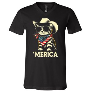 Merica Cat Usa Flag 4th Of July V-Neck T-Shirt