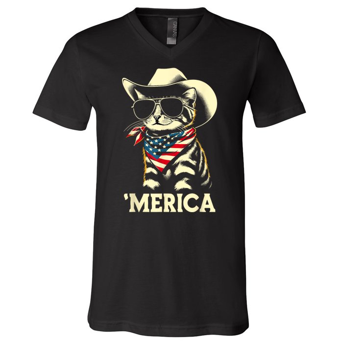 Merica Cat Usa Flag 4th Of July V-Neck T-Shirt