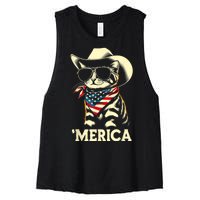 Merica Cat Usa Flag 4th Of July Women's Racerback Cropped Tank