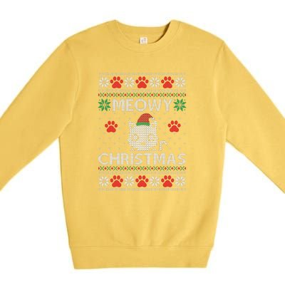 Meowy Christmas Ugly Sweater Funny Santa Hat Cat Premium Crewneck Sweatshirt