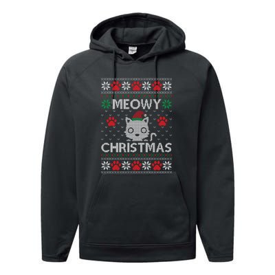 Meowy Christmas Ugly Sweater Funny Santa Hat Cat Performance Fleece Hoodie