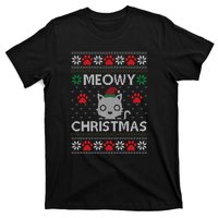 Meowy Christmas Ugly Sweater Funny Santa Hat Cat T-Shirt