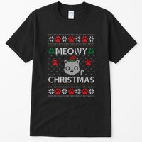 Meowy Christmas Ugly Sweater Funny Santa Hat Cat Tall T-Shirt