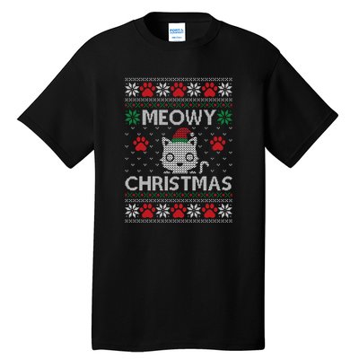 Meowy Christmas Ugly Sweater Funny Santa Hat Cat Tall T-Shirt