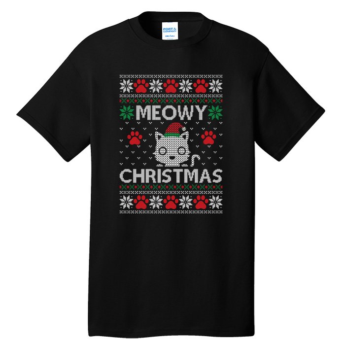 Meowy Christmas Ugly Sweater Funny Santa Hat Cat Tall T-Shirt