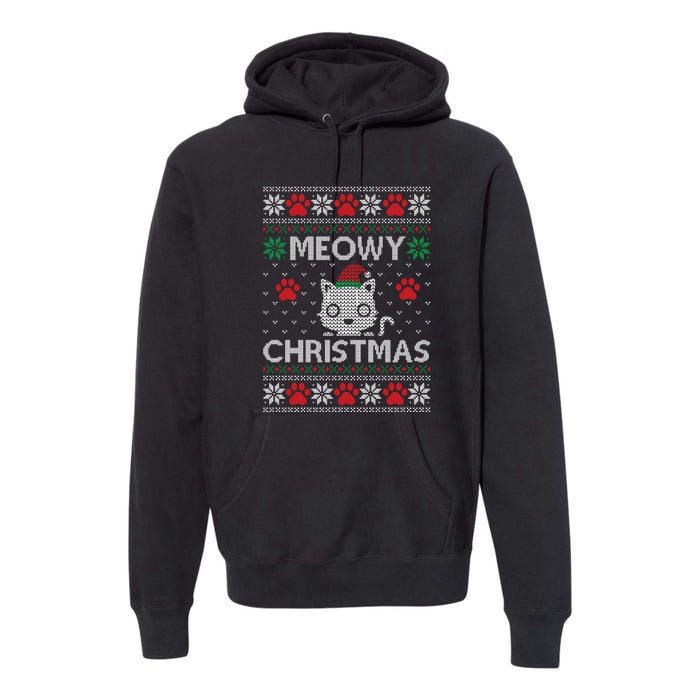 Meowy Christmas Ugly Sweater Funny Santa Hat Cat Premium Hoodie