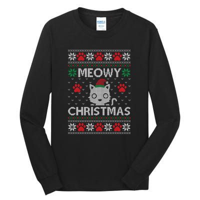 Meowy Christmas Ugly Sweater Funny Santa Hat Cat Tall Long Sleeve T-Shirt