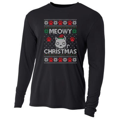 Meowy Christmas Ugly Sweater Funny Santa Hat Cat Cooling Performance Long Sleeve Crew