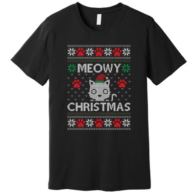 Meowy Christmas Ugly Sweater Funny Santa Hat Cat Premium T-Shirt