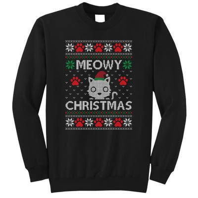 Meowy Christmas Ugly Sweater Funny Santa Hat Cat Tall Sweatshirt