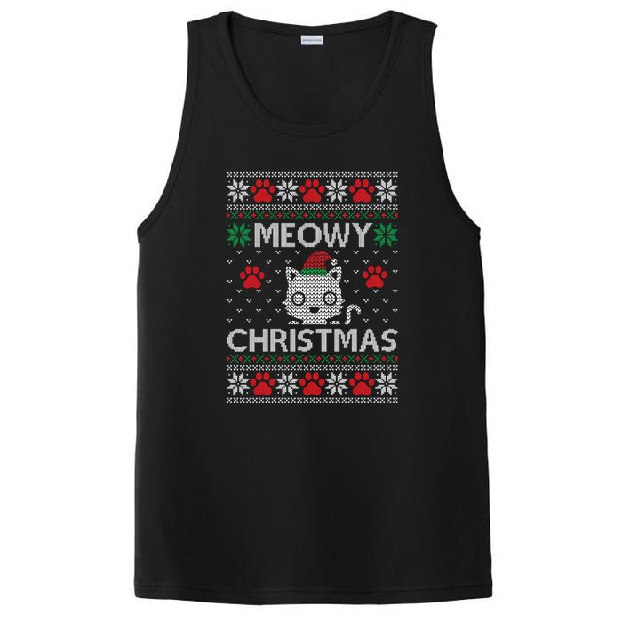 Meowy Christmas Ugly Sweater Funny Santa Hat Cat PosiCharge Competitor Tank