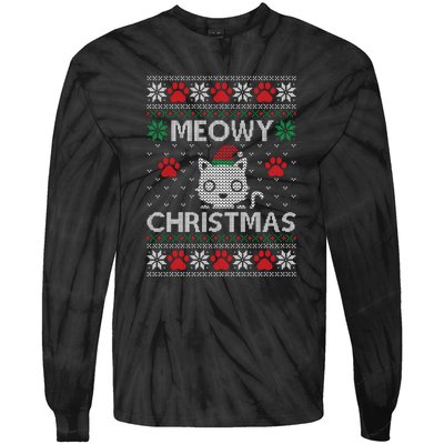 Meowy Christmas Ugly Sweater Funny Santa Hat Cat Tie-Dye Long Sleeve Shirt