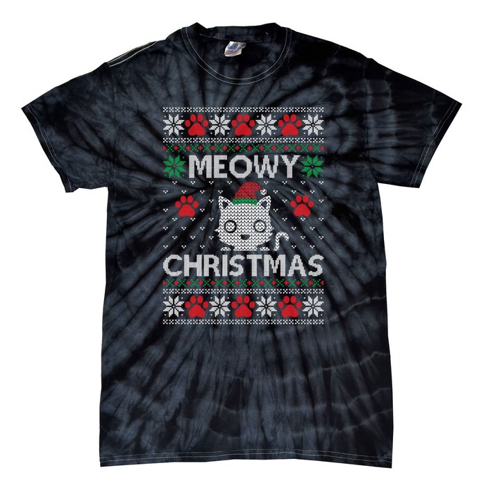 Meowy Christmas Ugly Sweater Funny Santa Hat Cat Tie-Dye T-Shirt