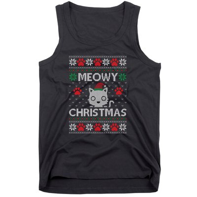 Meowy Christmas Ugly Sweater Funny Santa Hat Cat Tank Top