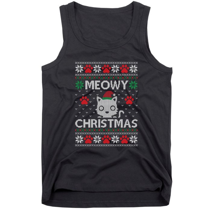 Meowy Christmas Ugly Sweater Funny Santa Hat Cat Tank Top