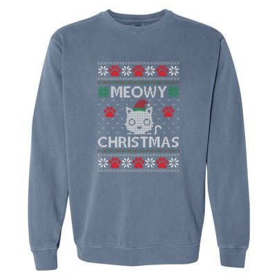 Meowy Christmas Ugly Sweater Funny Santa Hat Cat Garment-Dyed Sweatshirt