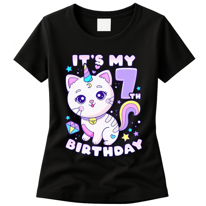 Magical Cat Unicorn Birthday Party for 7YearOld Womens T-Shirt