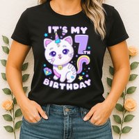 Magical Cat Unicorn Birthday Party for 7YearOld Womens T-Shirt