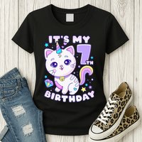 Magical Cat Unicorn Birthday Party for 7YearOld Womens T-Shirt