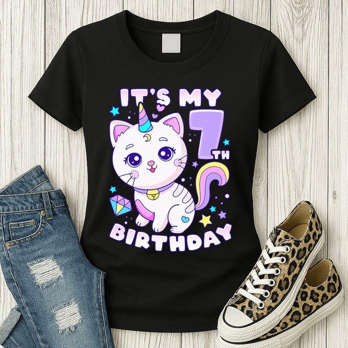 Magical Cat Unicorn Birthday Party for 7YearOld Womens T-Shirt
