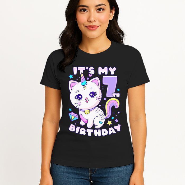 Magical Cat Unicorn Birthday Party for 7YearOld Womens T-Shirt