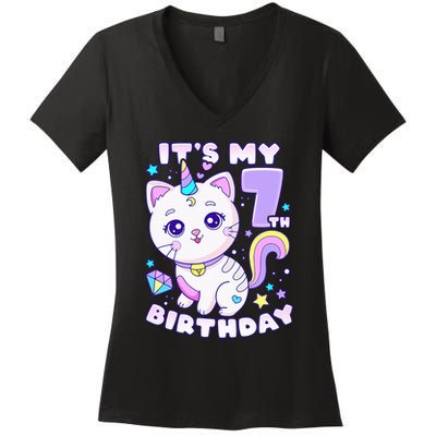 Magical Cat Unicorn Birthday Party for 7YearOld Women's V-Neck T-Shirt