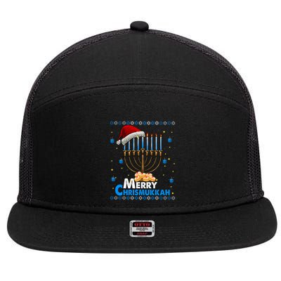 Merry Chrismukkah Ugly Xmas Funny Hanukkah Christmas 7 Panel Mesh Trucker Snapback Hat
