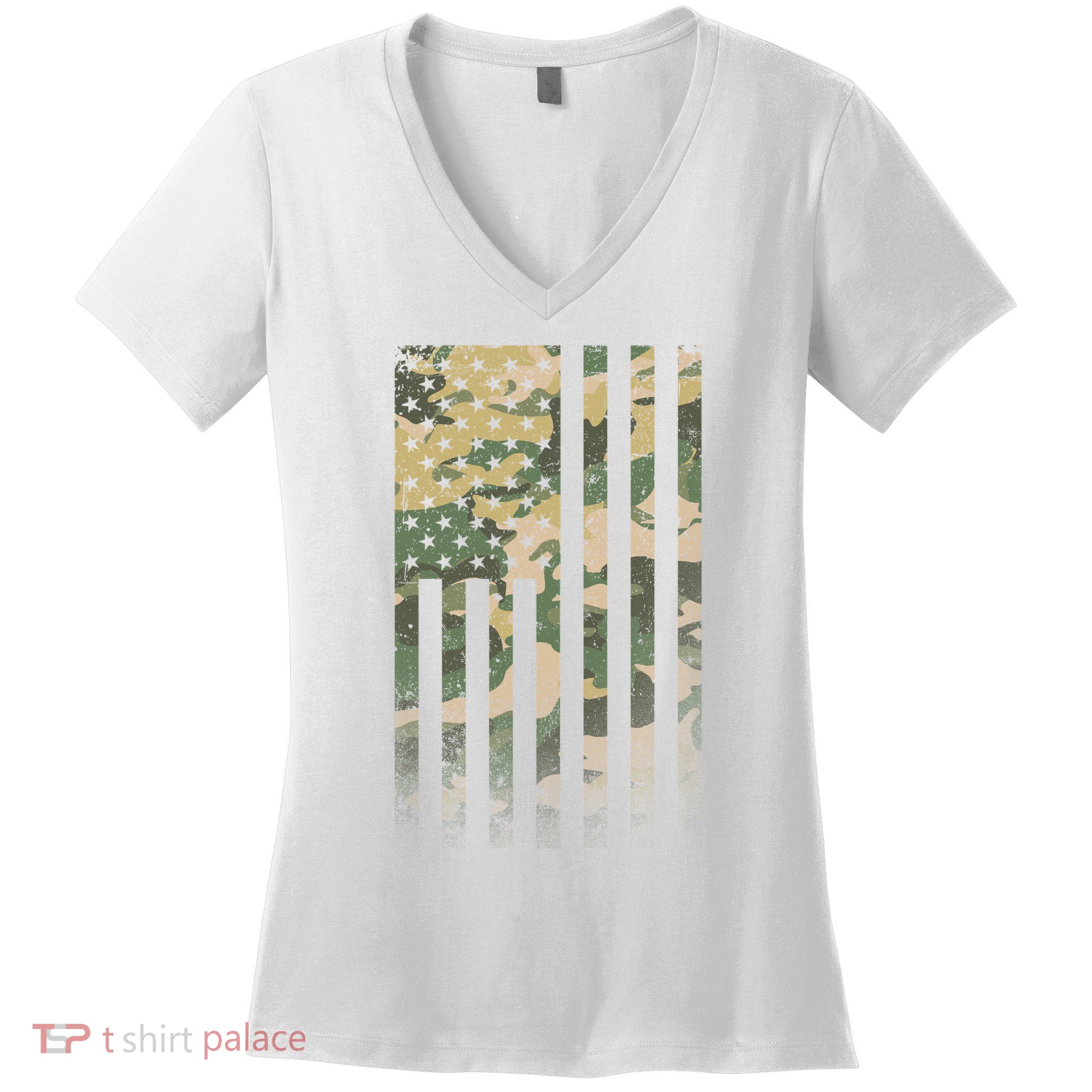 Military Camouflage USA American Flag Women's V-Neck T-Shirt