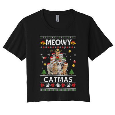 Meowy Catmas Ugly Christmas Tree Funny Xmas Cat Women's Crop Top Tee