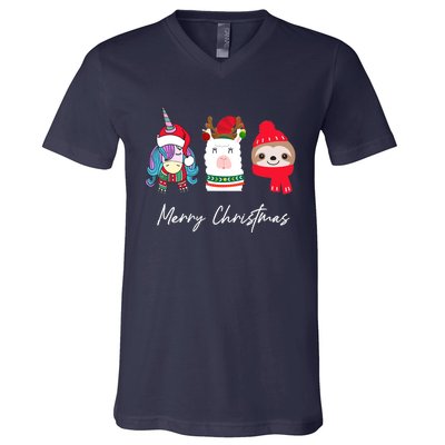 Merry Christmas Unicorn Llama Sloth Funny Wo Girl Gifts V-Neck T-Shirt