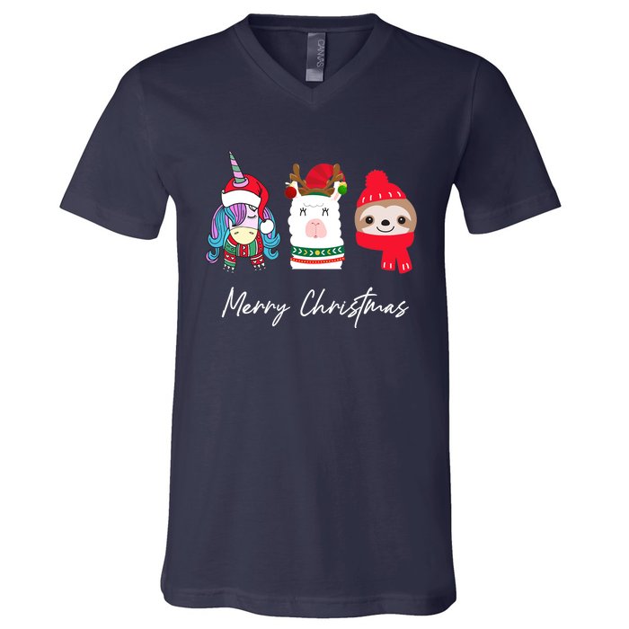 Merry Christmas Unicorn Llama Sloth Funny Wo Girl Gifts V-Neck T-Shirt