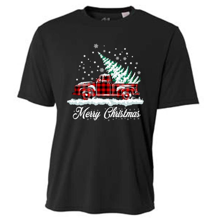 Merry Christmas Vintage Plaid Snow Truck Tree Pickup Cooling Performance Crew T-Shirt