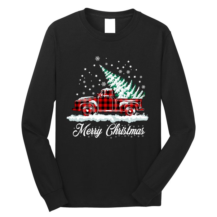 Merry Christmas Vintage Plaid Snow Truck Tree Pickup Long Sleeve Shirt