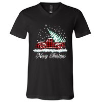 Merry Christmas Vintage Plaid Snow Truck Tree Pickup V-Neck T-Shirt