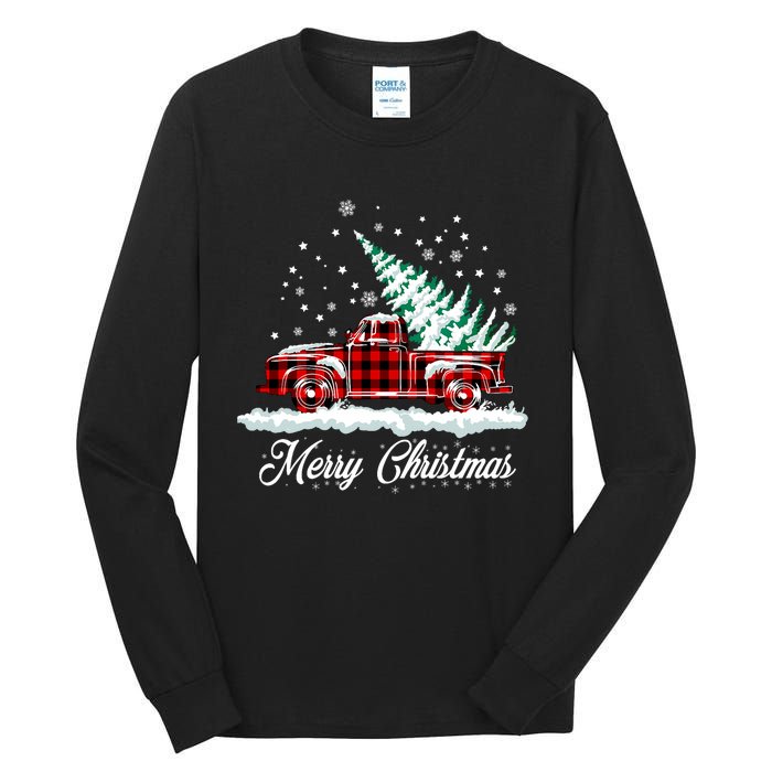 Merry Christmas Vintage Plaid Snow Truck Tree Pickup Tall Long Sleeve T-Shirt