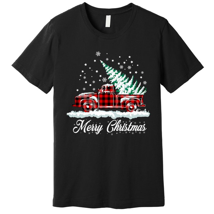 Merry Christmas Vintage Plaid Snow Truck Tree Pickup Premium T-Shirt