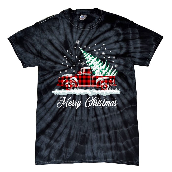 Merry Christmas Vintage Plaid Snow Truck Tree Pickup Tie-Dye T-Shirt