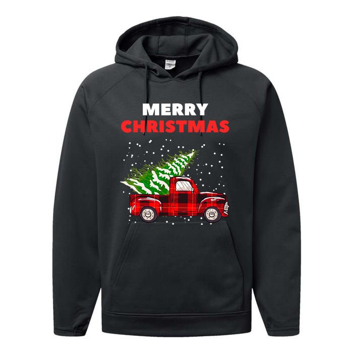 Merry Christmas Vintage Red Truck With Tree Family Matching Performance Fleece Hoodie