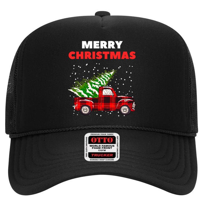 Merry Christmas Vintage Red Truck With Tree Family Matching High Crown Mesh Back Trucker Hat