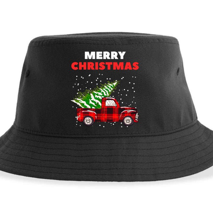 Merry Christmas Vintage Red Truck With Tree Family Matching Sustainable Bucket Hat