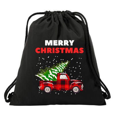 Merry Christmas Vintage Red Truck With Tree Family Matching Drawstring Bag