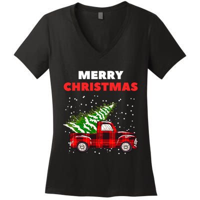 Merry Christmas Vintage Red Truck With Tree Family Matching Women's V-Neck T-Shirt