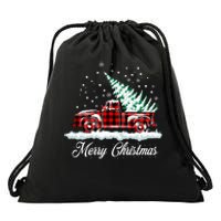 Merry Christmas Vintage Plaid Snow Truck Tree Pickup Drawstring Bag