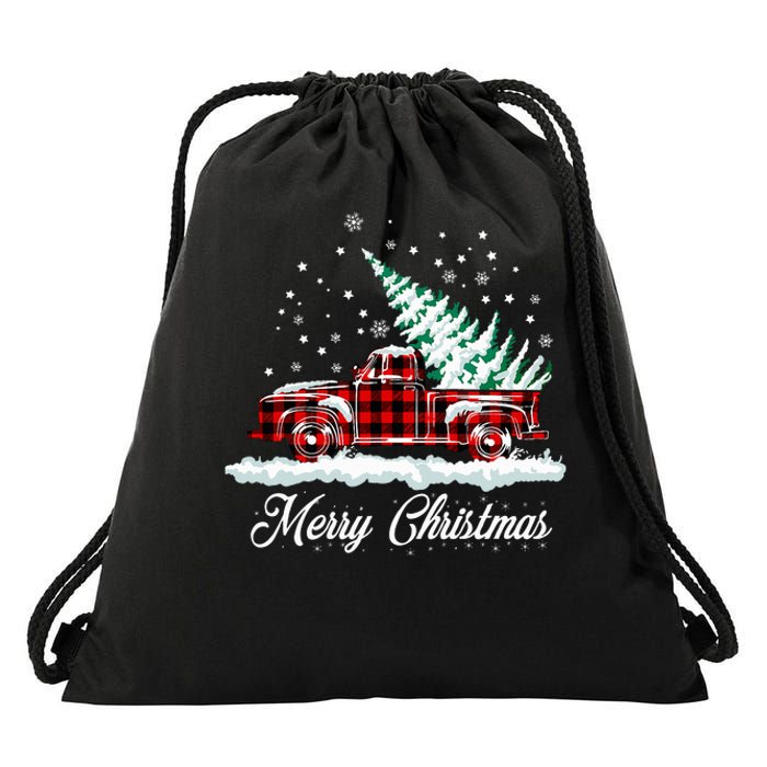 Merry Christmas Vintage Plaid Snow Truck Tree Pickup Drawstring Bag