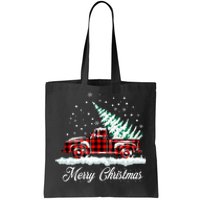 Merry Christmas Vintage Plaid Snow Truck Tree Pickup Tote Bag