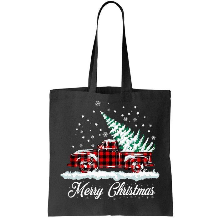 Merry Christmas Vintage Plaid Snow Truck Tree Pickup Tote Bag