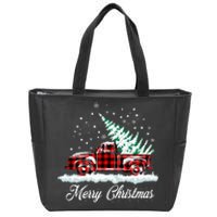 Merry Christmas Vintage Plaid Snow Truck Tree Pickup Zip Tote Bag