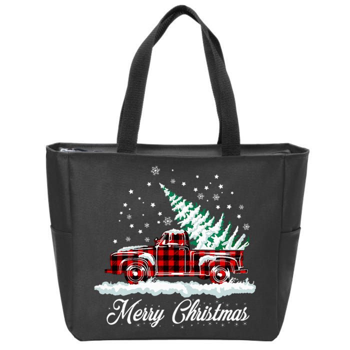 Merry Christmas Vintage Plaid Snow Truck Tree Pickup Zip Tote Bag