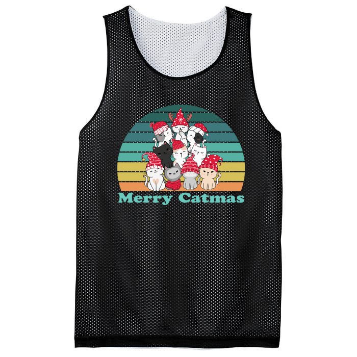 Merry Catmas Vintage Funny Cat Christmas Tree Xmas Girls Boy Mesh Reversible Basketball Jersey Tank