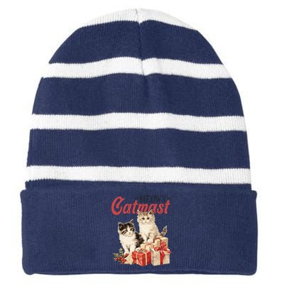 Meowy Catmas Vintage Christmas Cats Striped Beanie with Solid Band